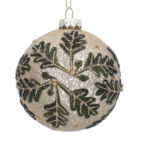 INDENT - Pack 12, Glass Ball Antique Pearl, Oak Leaves 8cm